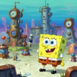 overpopulated steampunk spongebob city, in the style of spongebob