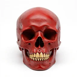 ruby red human skull replica, photorealistic, isolated on a pure white background, centered, entire object in frame, sharp focus, soft studio lighting