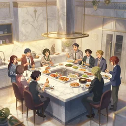 only objects or people, infinity kitchen with people being fed, in marble incrusted of legends official fanart behance hd by jesper ejsing, by rhads, makoto shinkai and lois van baarle, ilya kuvshinov, rossdraws global illumination
