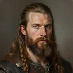 ! dream a highly detailed portrait painting of a buff viking male, long brown hair with braids, beard, blue eyes, by greg rutkowski and alphonse mucha, sharp focus, matte, concept art, artstation, digital painting