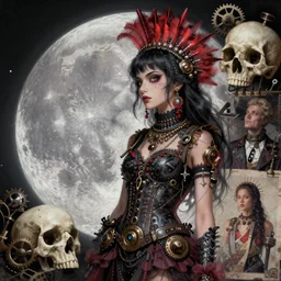 moon goddess digital collage, moon, skull, punk, steampunk, fashion, soft, vintage maximalist style, digital painting, 4 k, hdr, sharp focus, art by sandra chevrier, john hoyland, teamlab fine art with subtle redshift rendering