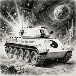 daoist battle tank painted in white and black yinyang symbol blasting away at dystopia, cosmos backdrop, detailed pencil drawing by an alien from the future