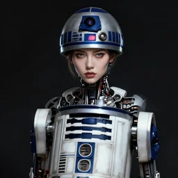 a portrait of android girl as r 2 d 2 droid, humanization, humanized, grim - lighting, high - contrast, intricate, elegant, highly detailed, digital painting, artstation, concept art, smooth, sharp focus, illustration