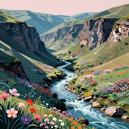 ( ( ( gediminas pranckevicius ) ) ) a small river flow through a valley of rolling mountain cliffs, flower garden summer morning, very coherent and colorful high contrast art by syd mead floralpunk papercut grainy risograph, dark shadows, pastel color, hard lighting