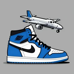 sneakers Air Jordan 1 with elements of plane F18 in blue color, pixel art by Gerardo Quiroz, devian art, 4k