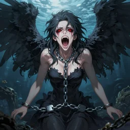 lucifer, dark angel, red eyes, chain, handcuffs, large chain, wide open mouth, scream, cruelty, sad, sea bottom, light effect, hyper detailed, elegant, highly detailed, digital painting, artstation, concept art, matte, sharp focus, illustration, by dan mumford, yusuke murata, makoto shinkai, ross tran