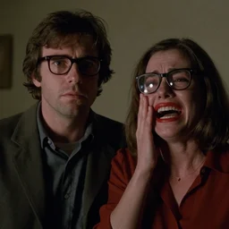 todd solondz stars in the tenant by roman polanski and possession by andrzej zulawski, glasses, scared, screaming and crying, red lipstick, by francis bacon, seventies film, cinemaic, dramatic, soft light