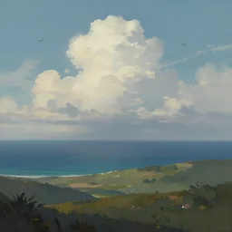 painterly concept art landscape with oceans, clouds, and birds