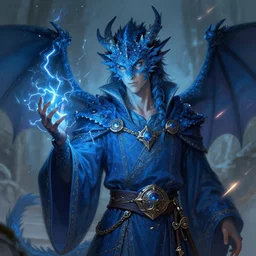 half length portrait of a blue dragon sorcerer, nature lover, nerd, clumsy, electricity, comets, dragon, male, magical robes, high fantasy, d & d, by tyler jacobson, face details, extremely detailed, digital illustration