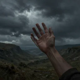 a dark cloudy hand in the sky trying to reach the ground in a valley, matte painting, fantasy art