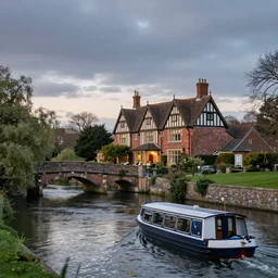 landscape photography, realistic photo of a tudor style detached house, a river flowing through the scene, arched bridge, riverboat in the foreground, dusk