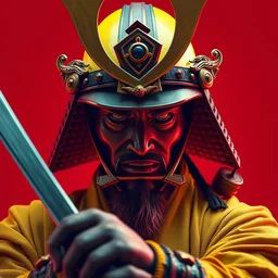 ! dream portrait of old samurai, ready to fight, goth punk, vibrant yellow, colors, surreal, a french baroque by by alexander mcqueen, hyper detailed, very detailed, photograph, cinematic lighting, photorealistic, octane render, red backdrop