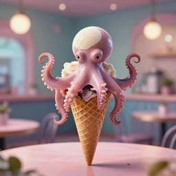 octopus ice cream cone at an ethereal cafe, unreal engine, realistic, yummy, food pic, cinematic