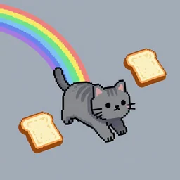 Pixel art grey cat between toasts flying in space with rainbow trail