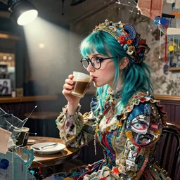 a victorian girl from london england with turquoise hair wearing glasses, drinking coffee in a coffee shop, side portrait, passionate, spotlight, dramatic, paint drips, textiles, collage, mixed media, paint splatter, scraps, vibrant colors, futuristic clothing, beautiful eyes, broken glass, by marco paludet, by jeremy mann, by hannah hoch