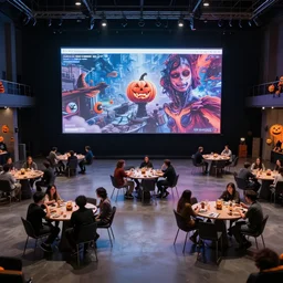 concept, venue in meta space, a lot of people siting on round tables, large screen, artstation, halloween