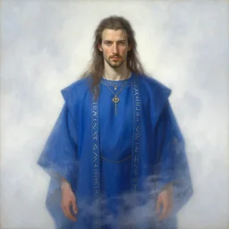 portrait of ian bohen in blue robes and, runes, jewelry, mystical, ethereal, magical white fog, painting by greg rutkowski and alphonse mucha