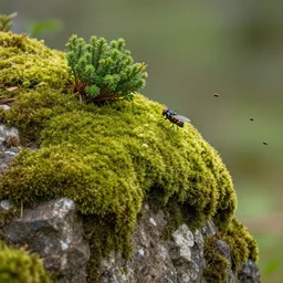 Award Winning Photo Of Mossy Rock With Tiny Bushes And Flys Flying Around, 4K, Photorealistic
