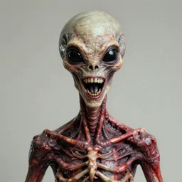 humanoid with crooked teeth, two black eyes, long open black mouth, alien looking, big forehead, horrifying, killer, creepy, dead, looking straight forward, realistic, slightly red, long neck, boney, monster, tall, skinny, skullish, deathly, in the style of alfred kubin