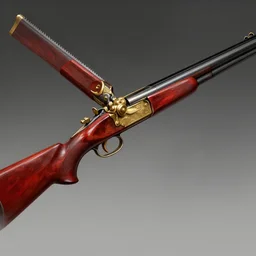 a magical antique sawed - off double - barreled shotgun made from glossy red - painted wood and elements of gold metalwork, video game concept art