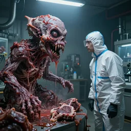 a man in a hazmat suit looks on helplessly as a drippy meat monster grows out of control in a creepy underground lab