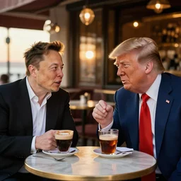 elon musk and donald trump having a drink at a italian coffee shop, sunset