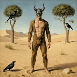 Exterior Desert Oasis dessicated physique demonic crow wearing a man costume giorgio de chirico Jan Van eyck bastien lecouffe-deharme odd nerdrum dragan bibin john steuart curry dan witz