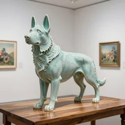 beautiful gallery show studio photograph of a giant realistic ceramic sculpture of a german shepherd dog, 3 d fractal structure, celadon glaze, placed on a polished wooden table, colorful hyperrealism 8 k trending on artstation