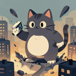 mcbess illustration of a catmonster destroying a city