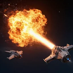 fireball shooting from sci - fi spaceship at enemy sci - fi spaceship