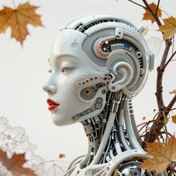 complex 3 d render ultra detailed of a beautiful porcelain profile woman face, mechanical cyborg, 1 5 0 mm, beautiful abundant natural soft light, rim light, studio light, autumn leaves and stems, roots, fine foliage lace, white background, mesh wire, intricate details, hyperrealistic, mandelbrot fractal, anatomical, red lips, white metal armor, facial muscles, cable wires, microchip, elegant, alexander mcqueen haute couture, wabi sabi, octane render, h. r. giger style, 8 k
