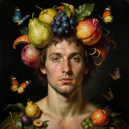 a close - up portrait of a futuristic tropical man with colorful airborne fruit and butterflies. studio lighting. black background. highly detailed science - fiction painting by norman rockwell, moebius, frank frazetta, syd mead, and giuseppe arcimboldo. rich colors, high contrast. renaissance masterpiece. artstation