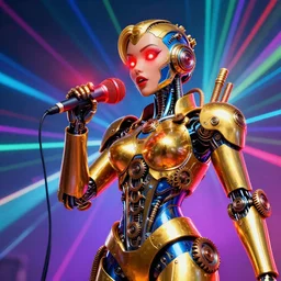 portrait photo of a giant huge golden and blue metal humanoid steampunk cyborg female singer with gears and tubes, in the foreground is a big red glowing microphone, eyes are glowing red lightbulbs, shiny crisp finish, 3 d render, 8 k, insaneley detailed, fluorescent colors, background is multicolored lasershow
