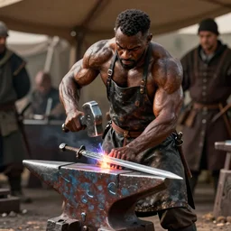 a muscular dwarf blacksmith, shirtless with blacksmith apron, swinging hammer down forging a sword on an iron anvil, cinematic, medieval, renaissance festival, realistic, tabletop miniatures!!!!!!!, product photos!!!!!! by greg rutkowski, craig mullins, archvillain, blizzard, hearthstone, wotc