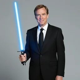 2 0 0 7 john lasseter wearing a black suit and black necktie holding a light blue lightsaber
