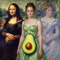 an oil painting of emma watson wearing an avocado themed dress, by da vinci and claude monet, oil painting, trending on artstation