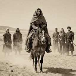 female desert stalker, middle ages, lonely rider, covered head, full body | | realistic shaded, fine details, realistic shaded lighting poster by greg rutkowski, diego gisbert llorens, magali villeneuve, artgerm, jeremy lipkin and rob rey