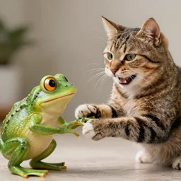 Cat shaking hands with a frog, cat is smiling with teeth, 40nm lens, shallow depth of field, split lighting, 4k,