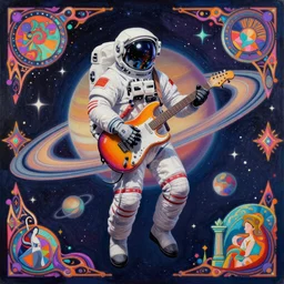 hyper detailed ultra sharp painting of a vaporwave cyberpunk astronaut guitar musician. trending on artstation, warpaint aesthetic, earthwave, colorful, psychedelic, ornate, intricate, digital painting, concept art, smooth, sharp focus, full body, floating in space in front of saturn illustration, art by artgerm and darius zawadzki and alphonse mucha, 8 k