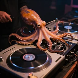an octopus DJing with DJ turntables, photoreal