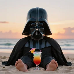 symmetry!! symmetrical - face!! darth vader relaxing on a beach in jamaica during sunset with a cocktail, cinematic lighting, sunset, 8 k - resolution!!, hyperrealism, national geographic, award winning, artstation, unreal engine 5, octane, redshift