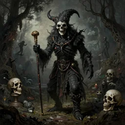 grim-hatter, skull cane, voodoo ritual, matte painting art from goya and pirner