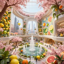 shanghai full of sakura, citrus fruit ( ( lemon, orange, lime, grapefruit ) ), within interior futuristic expansive city hall solarpunk, sci - fi, fantasy, wide angle highly detailed by santiago calatrava, foliage, fountains, wall art!, levitating people, by saturno butto and wlod, captivating 8 k hdr, octane render go
