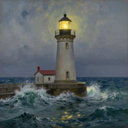 landscape of a lighthouse in a rough sea, well lit, detailed, cinematic lighting, pre - raphaelite, oil painting