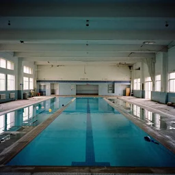 a destroyed and abandoned indoor swimming, 35mm color film