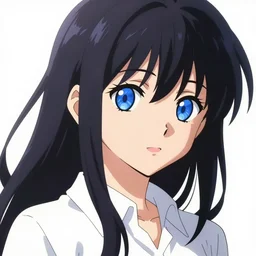 a anime girl with blue eyes and a white shirt, a character portrait by Jin Homura, featured on pixiv, mingei, booru, white background, anime