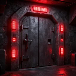 a bunker door surrounded by red lights, 3d render, unreal engine style, ray tracing, high detail
