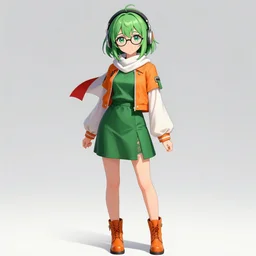 anime is an 1 8 - year - old girl with short green hair and green eyes, dressed in a green top, an orange short jacket with white sleeves, a green skirt with lace in the center on the straps, orange boots and glasses and headphones on her head, a white scarf with a red insert on her neck, anime style, in the yuuki masami style, elegant, highly detailed, digital painting, artstation, concept art, smooth, sharp focus, digital art, hyperdetalied