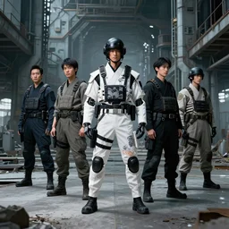 cyborg with white and black ancestral ornate japanese tactical gear standing in an abandoned futuristic factory, long shot, by irving penn and storm thorgerson, ren heng, peter elson, alvar aalto, makoto shinkai