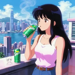 girl smoking at rooftop overlooking hong kong, sprite, vaporwave nostalgia, directed by beat takeshi, visual novel cg, 8 0 s anime vibe, kimagure orange road, maison ikkoku, sketch by osamu tezuka, directed by makoto shinkai and beat takeshi